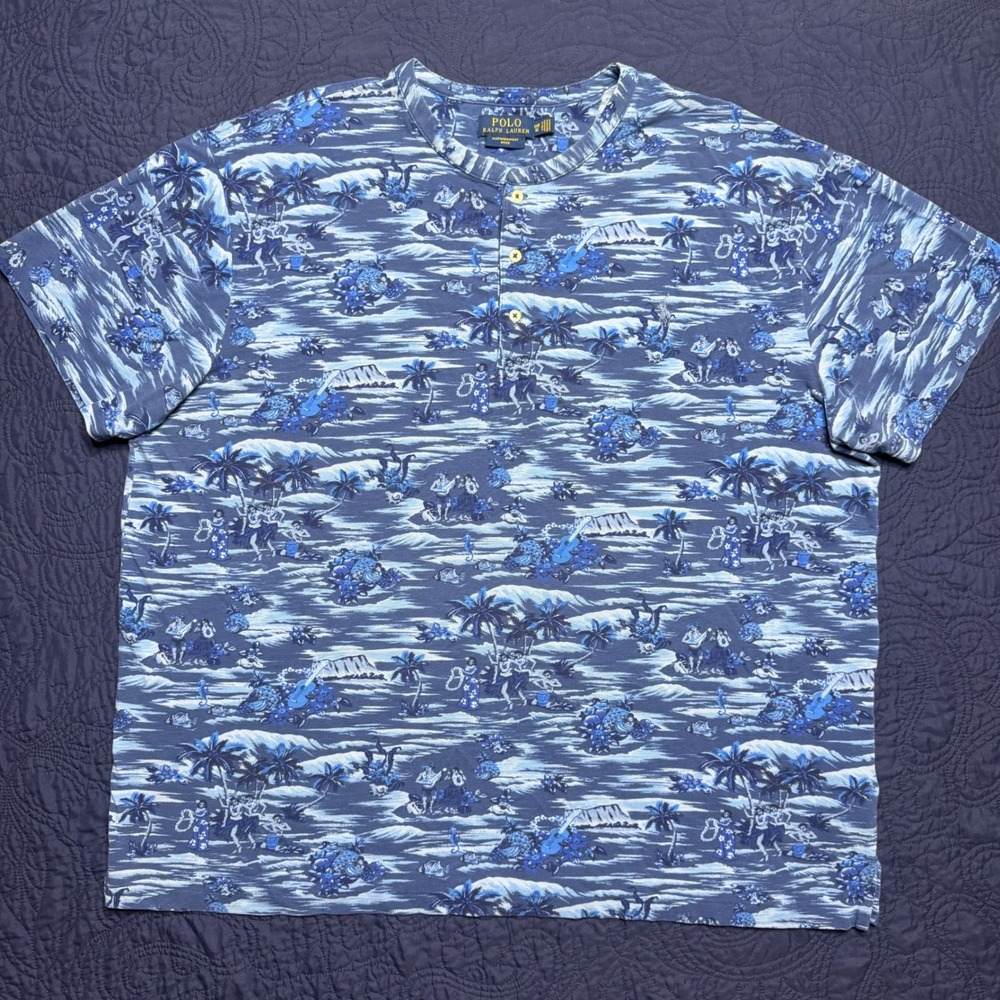 Polo Ralph Lauren Mens 1XB Blue Hawaiian Toile Featherweight Mesh Henley Shirt